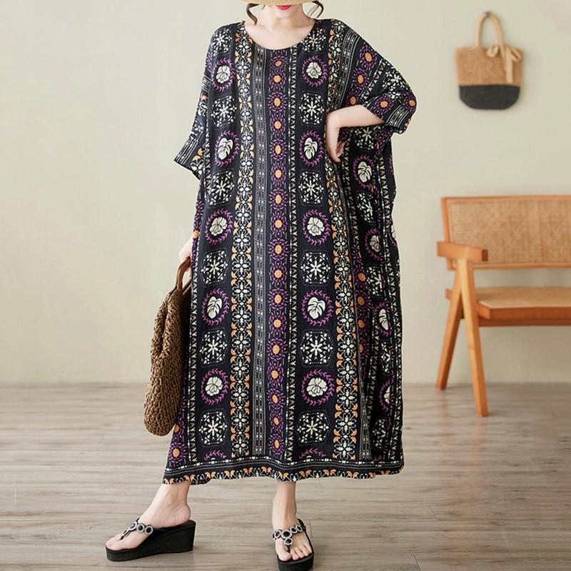 Kortermet Plus size vintage floral nytt i kjoler for kvinner uformell løs lang sommerkjole