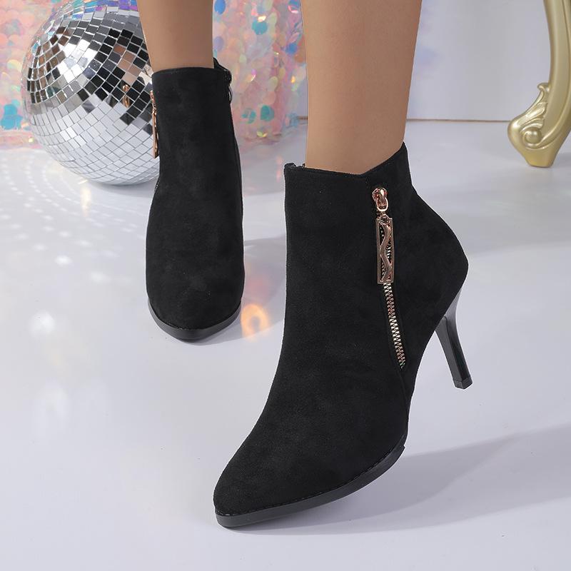 New thin-heeled mid-heeled pointed fleece boots and bare boots in autumn and winter, short tube, solid color high heel.