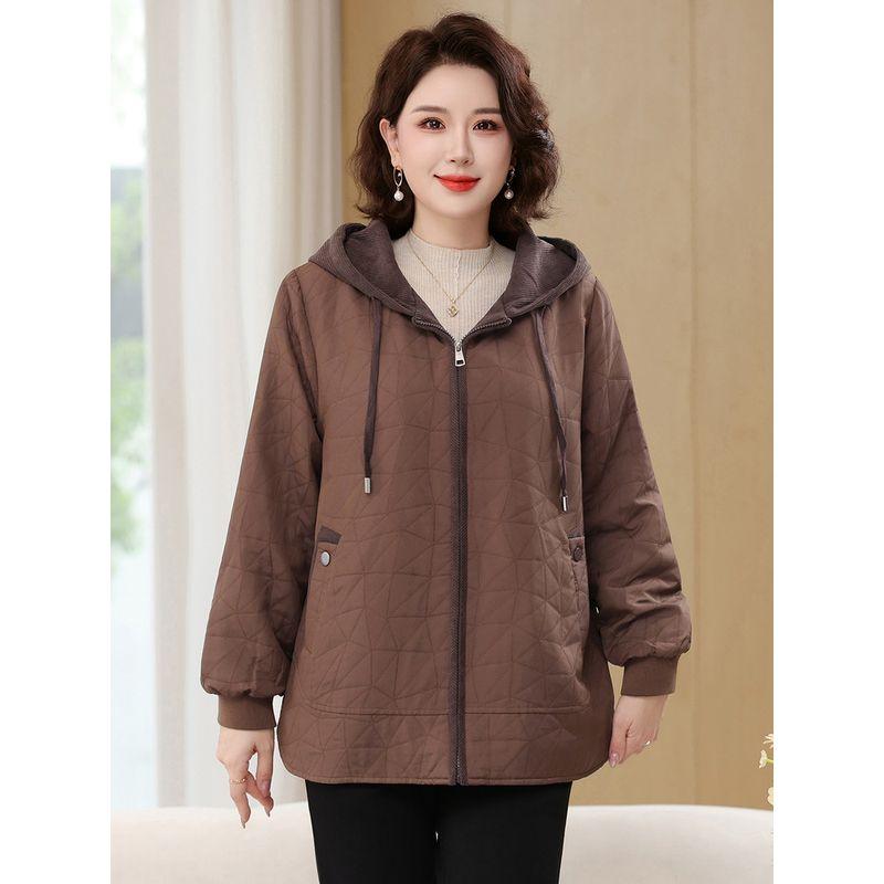 Autumn Style Quilted Thin Cotton Jacket, Spring and Autumn Hooded Loose Short Baseball Jacket, Casual Outerwear for Middle-Aged and Elderly Mothers