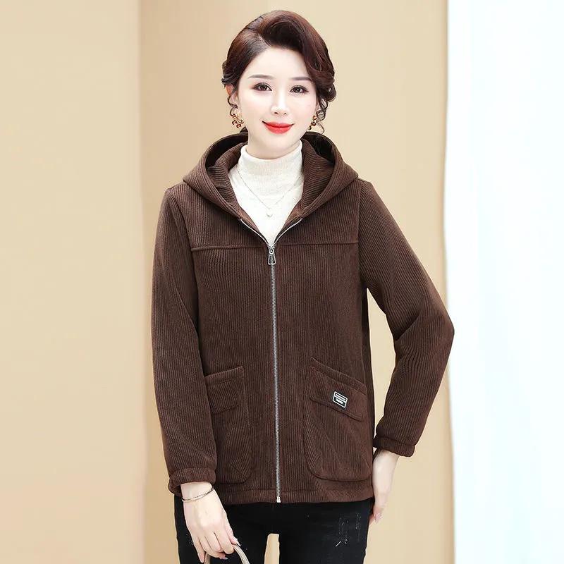 

Утепленная вельветовая куртка женская повседневная на флисовой подкладке с капюшоном свитер пальто теплая осенне-зимняя новый стиль одежда для мамы XS кофейный