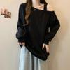 Women's Retro Black One-Shoulder Hoodie - Stylish Loose Fit for Spring & Autumn