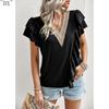 DX~~Short Sleeved Shirt Women's Summer Style Commuting V-neck Ruffle Top