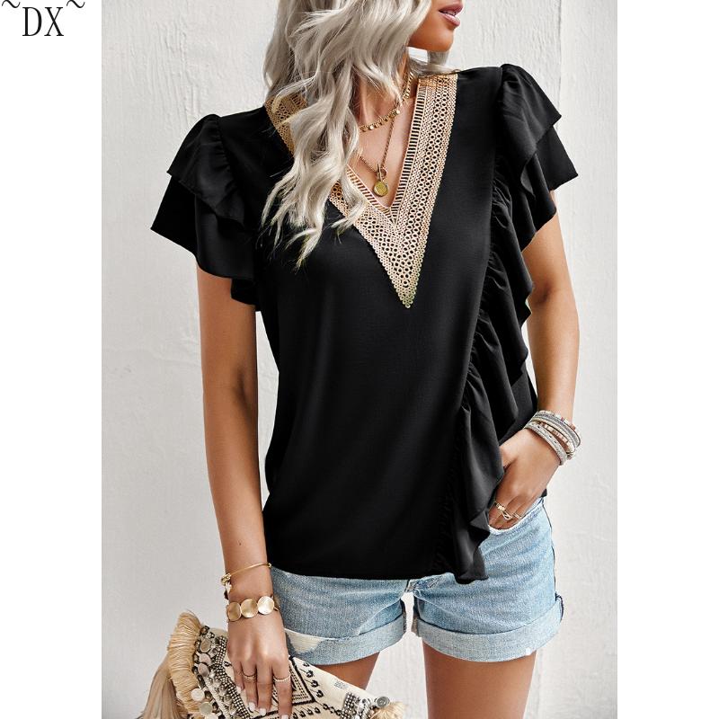 DX~~Short Sleeved Shirt Women's Summer Style Commuting V-neck Ruffle Top