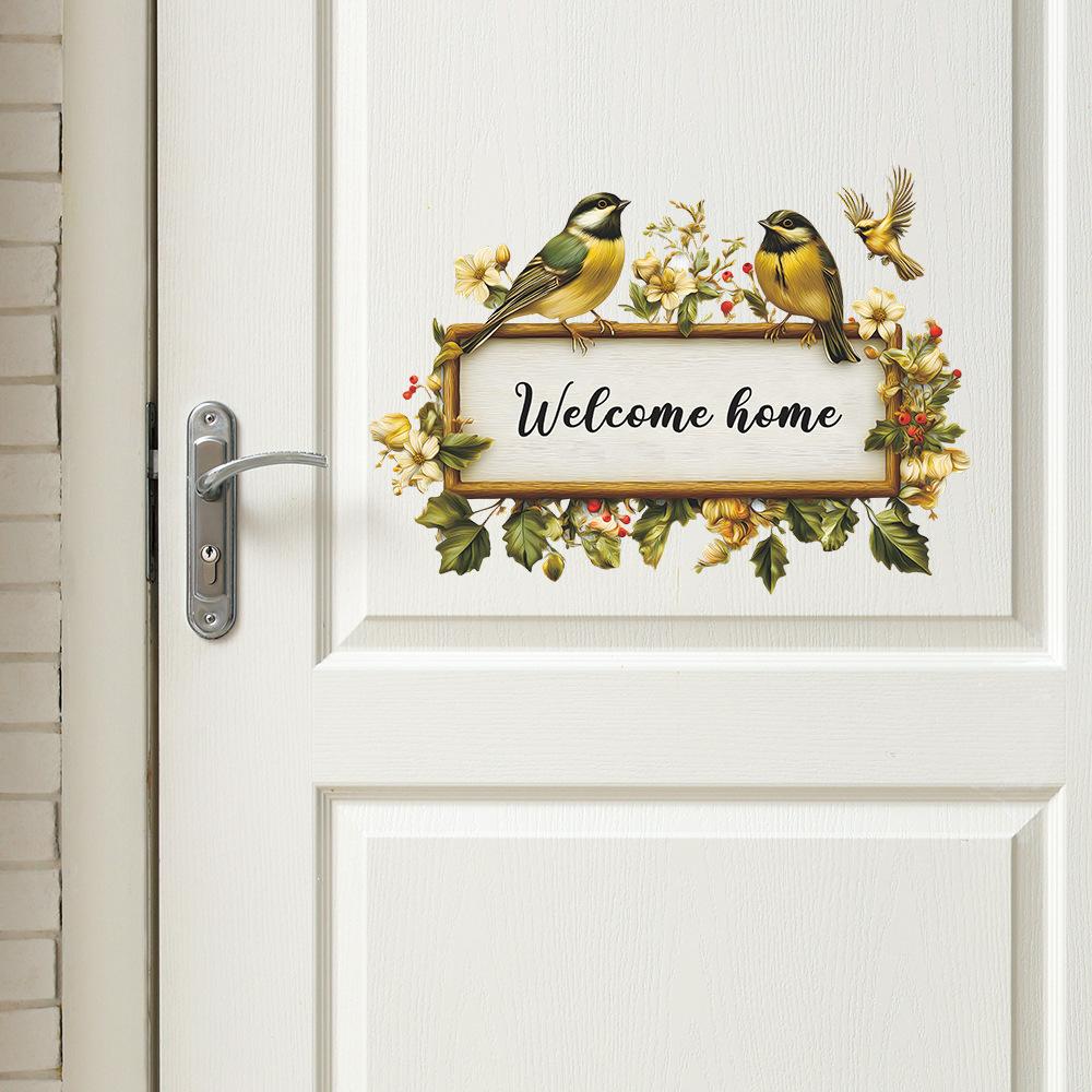 Hand Painted Floral Welcome Sign with Hummingbird Door & Wall Sticker for Living Room Home Decor Self-Adhesive Removable Decal