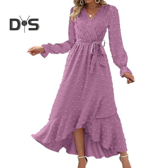 Women Spring Fall Dress Dot Applique Solid Color V Neck Belted Tight High Waist A Line Irregular Ruffle Hem Bohemian Flowy Wedding Party Maxi Dress
