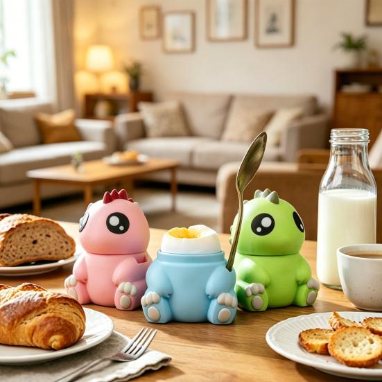Dinosaur Egg Cup with Removable Lid & Spoon Slot Plastic Egg Holder for Breakfast Party Decor Cute 3D Printed Novelty Kitchen Gadget