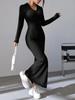 Women Sexy Knit V-neck Reverse Neck Split Dress Autumn Winter Full Sleeve Elastic Basic Body Sweater