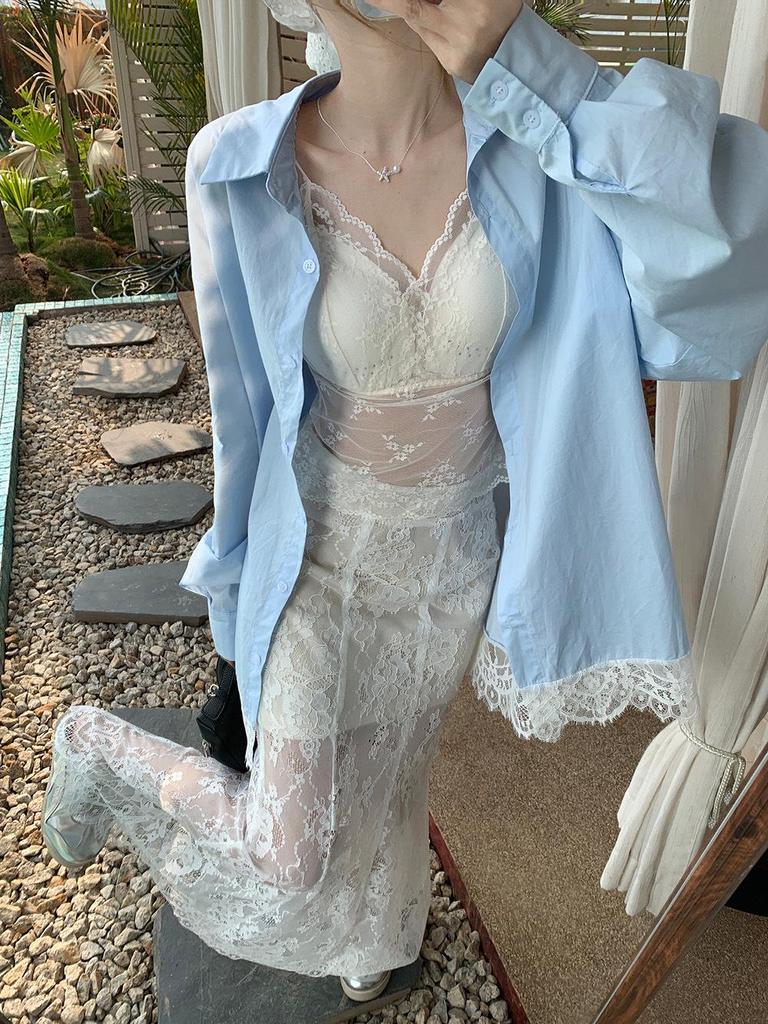 Women's Blue Spliced Lace Shirt Jacket - 2025 Korean Design, Loose Fit, Sun Protection for Summer