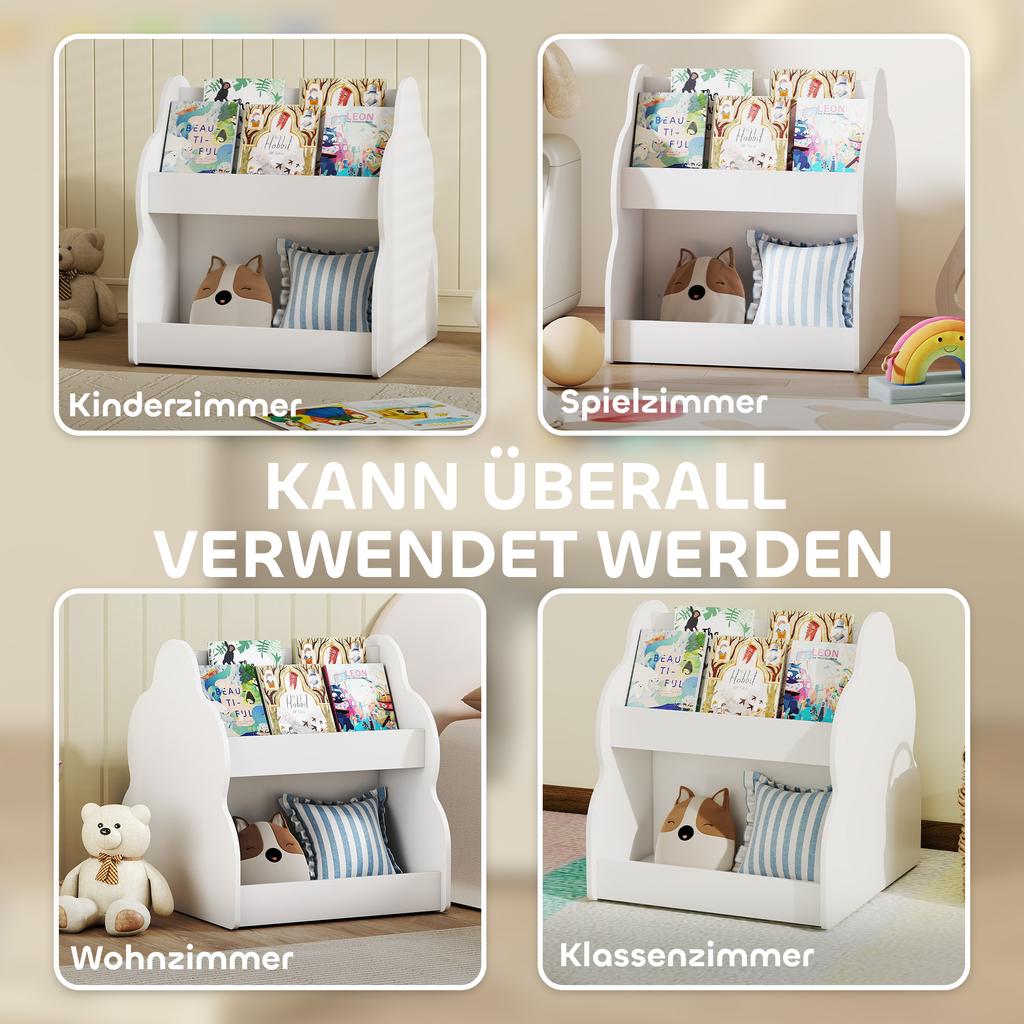 Children's Bookshelf, 2-tier Children's Bookcase with Wheels, 4 Shelves, for Children's Room, Playroom, 54x50x56 Cm, White