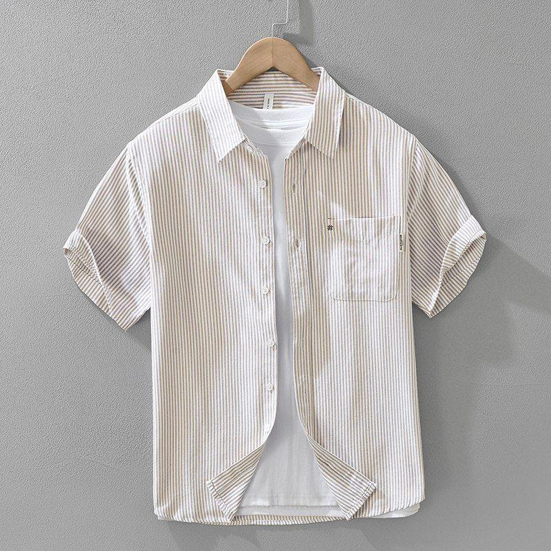 Summer Fresh Vertical Stripes Embroidery Half Short Sleeve Shirts Men's Loose Oxford Cotton Business Casual Shirt New
