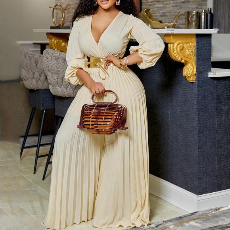 

Шикарний і зручний європейський і американський літній жіночий комбінезон із V-подібним вирізом і зав’язками, плісировані, плюс розмір 4XL абрикосовий