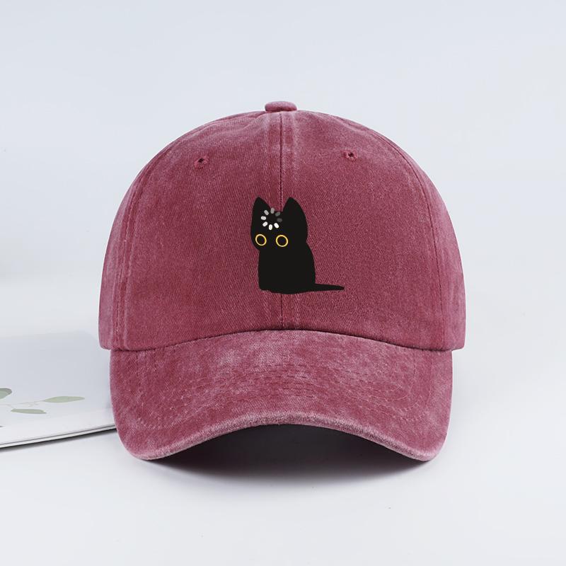 Cute Black Cat Print Washed Baseball Cap Soft Comfortable Lightweight Breathable Adjustable Adorable Healing Trendy Fashi