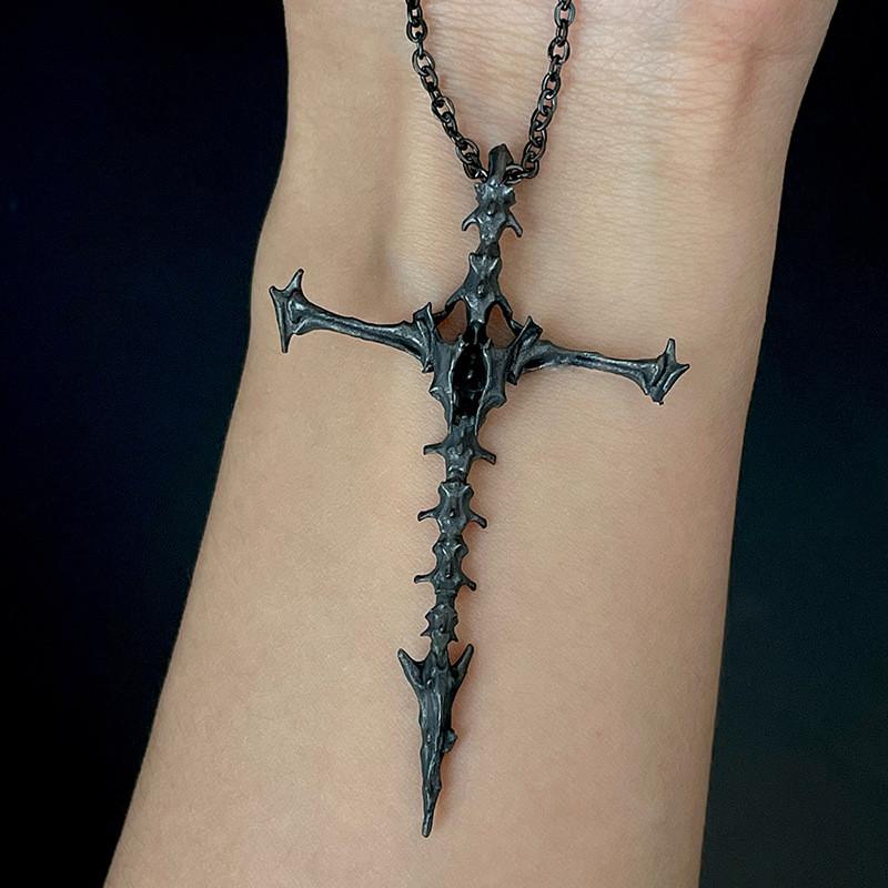 Unique Gothic Black Cross Skeleton Pendant Necklace Stylish Alloy Jewelry For Trendy Men And Women