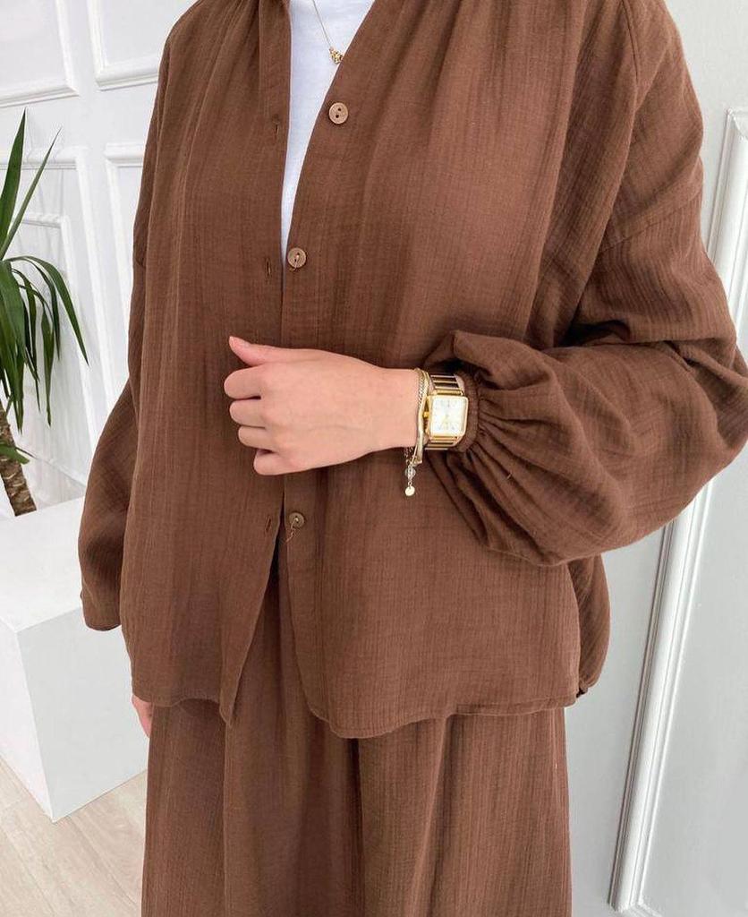 In-Stock Summer Fashion: Women's Crinkled Puff Sleeve Long Sleeve Muslim Apparel Skirt Set