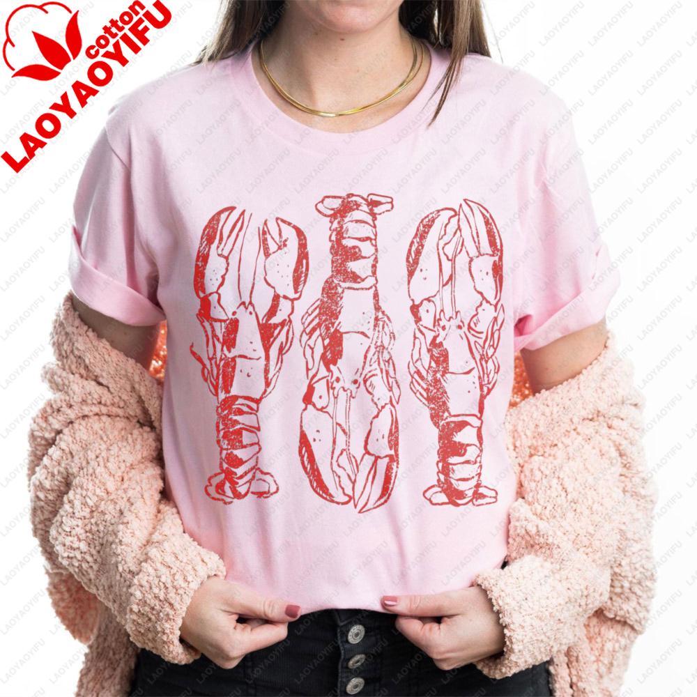 Vintage Lobster Print Tshirt Beach Vacation Clothing Lobster Lover Gift Shirt Unisex Daily Life Casual Cotton Short Sleeve