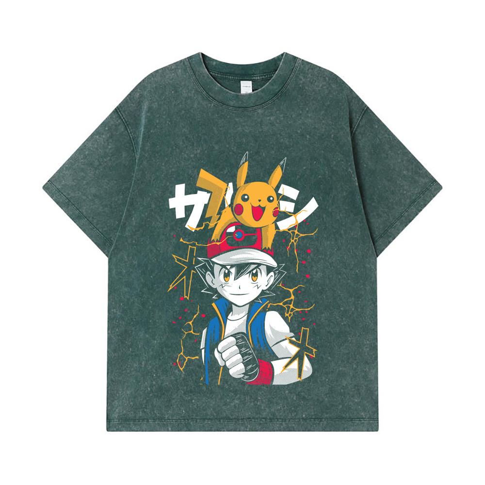 275 GSM Washed T-shirts 100% Cotton Pokemon V2 Ash Print Unisex Heavy Cotton T Shirt