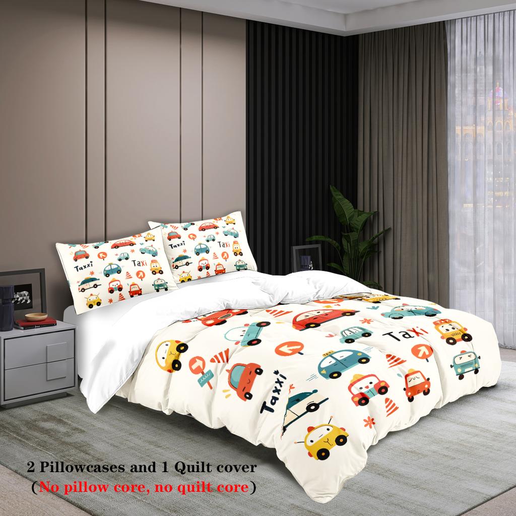 3-Piece Cartoon Cute Car Pattern Print (1 Duvet Cover+2 Pillowcases, No Core) Soft And Comfortable Bedding Set