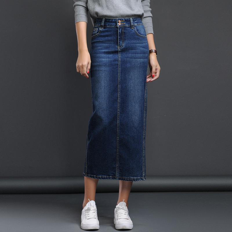 

Women s High-Waisted Korean Denim A-Line Skirt with Elastic Back and Slit - Slimming Bodycon Fit, Mid-Length Double Extra Large синий