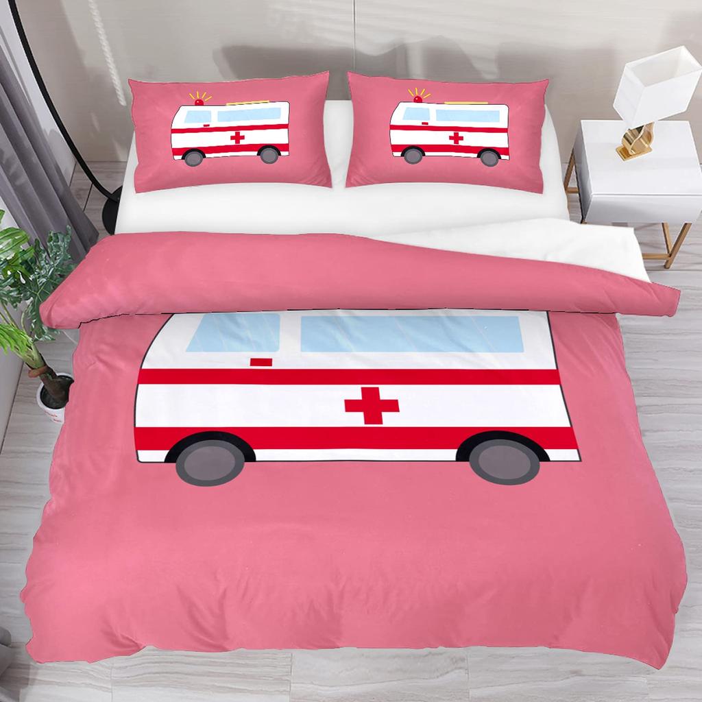 Ambulance Car King Queen Duvet Cover White Cartoon Medical Car Bedding Set For Kid Hospital Rescue Vehicle Polyester Quilt Cover