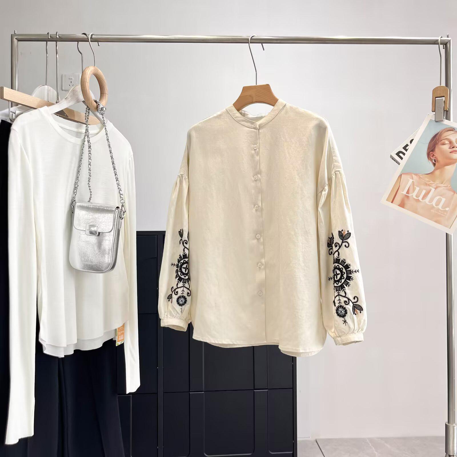 

Летняя женская хлопково-льняная рубашка с цветочной вышивкой и длинными рукавами Extra Small