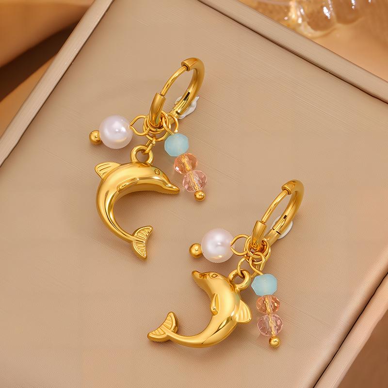 Stainless Steel Earrings with Ocean-themed Pearl Pendants. Sea Star and Dolphin Shell Titanium Steel Earrings for Decoration. Dolphin