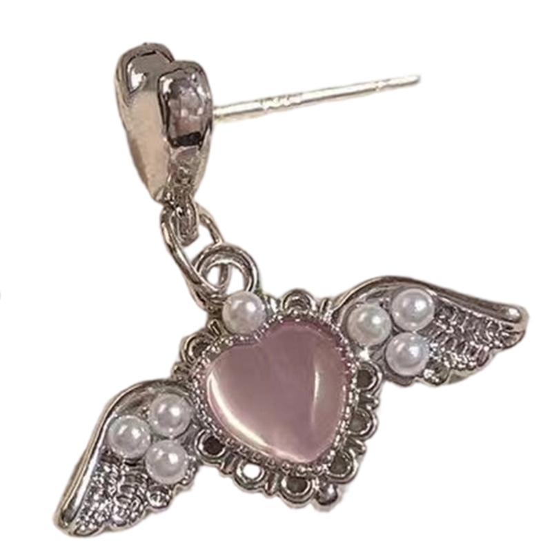 Elegant Pearls Accented Angel Wing Heart Earrings Premium Alloy Allergy Resistant Lightweight Ear Pendant For Daily Wear