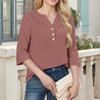 Women's Fashionable Casual Cotton V-Neck Button Three-Quarter Sleeve T-Shirt Top