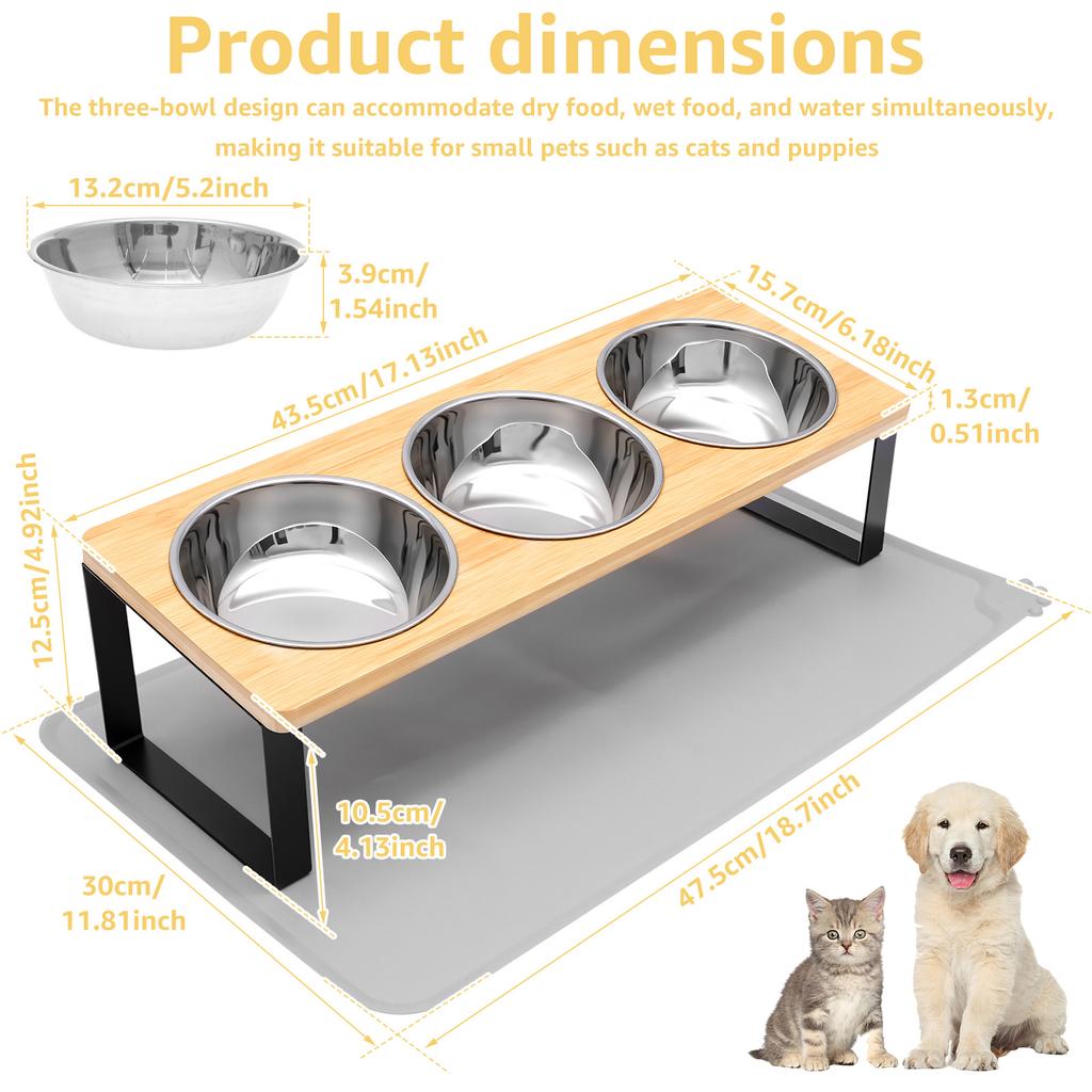 Elevated Pet Feeding Bowl 15° Tilted Cat Food and Water Bowl Stand with 3 Stainless Steel Bowls Dog Feeder Stand Pet Supplies