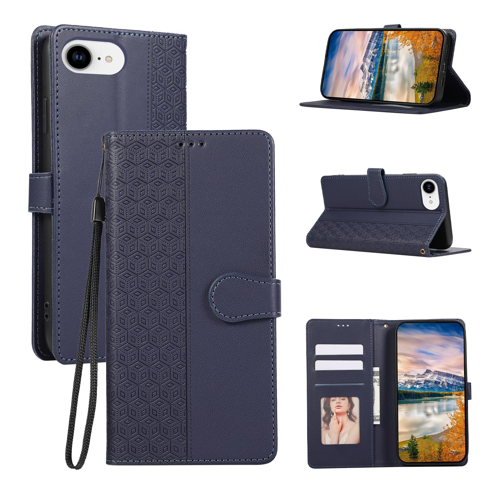 

For iPhone 16e Case Anti Scratch Splicing Imprinted Rhombus Leather Phone Cover Blue