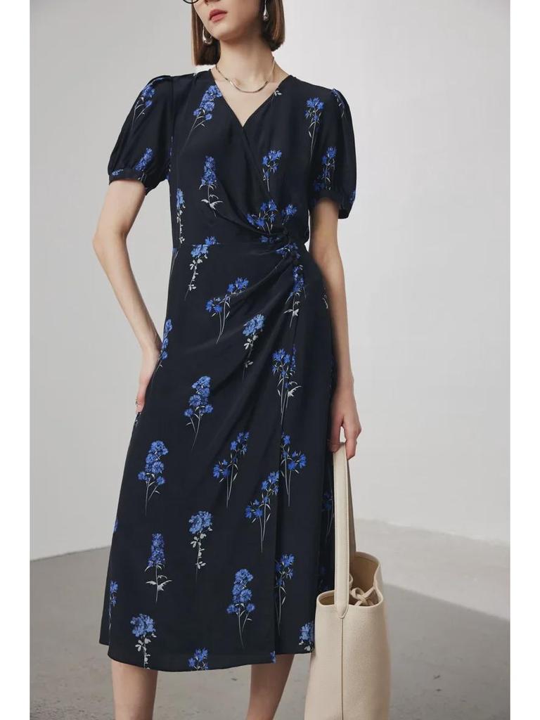 Damen V-Ausschnitt Seidenkleid - Frühjahr/Sommer Kollektion 2025, Kurzärmelig, Gefütterter Doppel-Crepe, 100% Maulbeerseide.