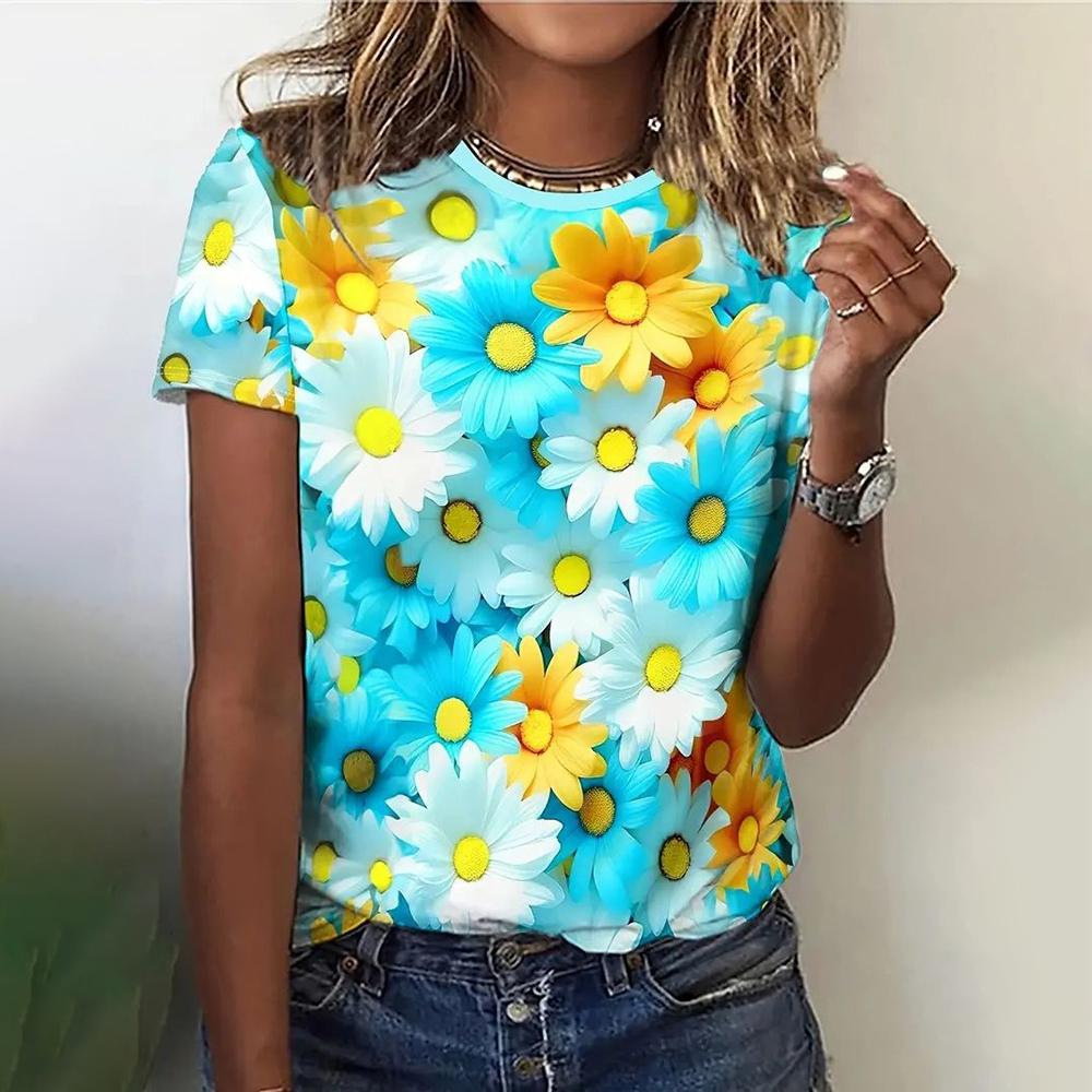 Fashion 3D Floral Print T Shirt for Women Summer Short Sleeve Tees Casual O-Neck Loose Short Sleeve Ladies Top