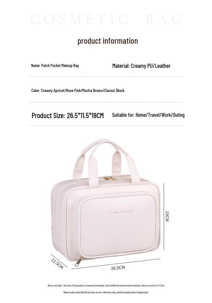 Luxury Large-Capacity Travel Cosmetic Bag with Partitioned Storage and Patch Pockets