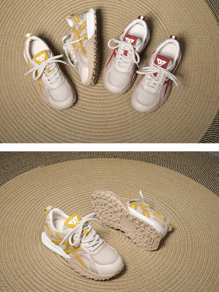 Johnature Zapatos casuales deportivos para mujer Malla transpirable con empalme de cuero genuino con cordones Zapatillas cómodas