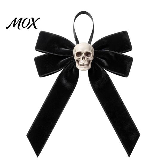 Retro Distressed Skull Accessory Halloween Velvet Bows with Ornaments for Tree Decoration, Black Flannel Skeleton Wall Decor Gothic Bow Hanging