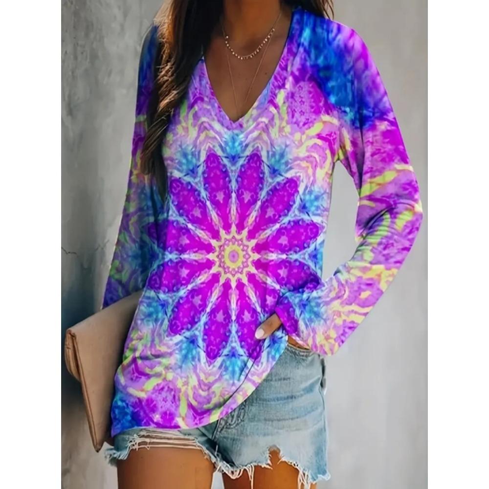 

Футболка с цветочным принтом больших размеров, повседневная футболка с длинным рукавом и V-образным вырезом, женская одежда больших размеров 5XL