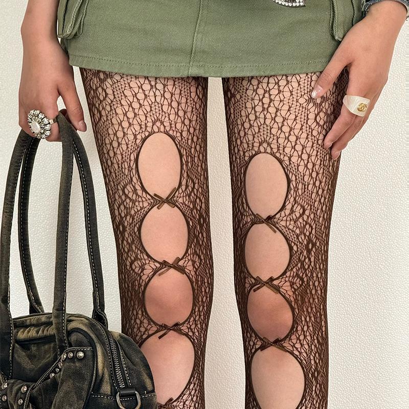 Y2K Gothic Hollow Out Pantyhose Women Summer Lolita Bow Knot Sexy Fishnet Stockings Spicy Girl Sexy Thin Ins Tide Lace Tights