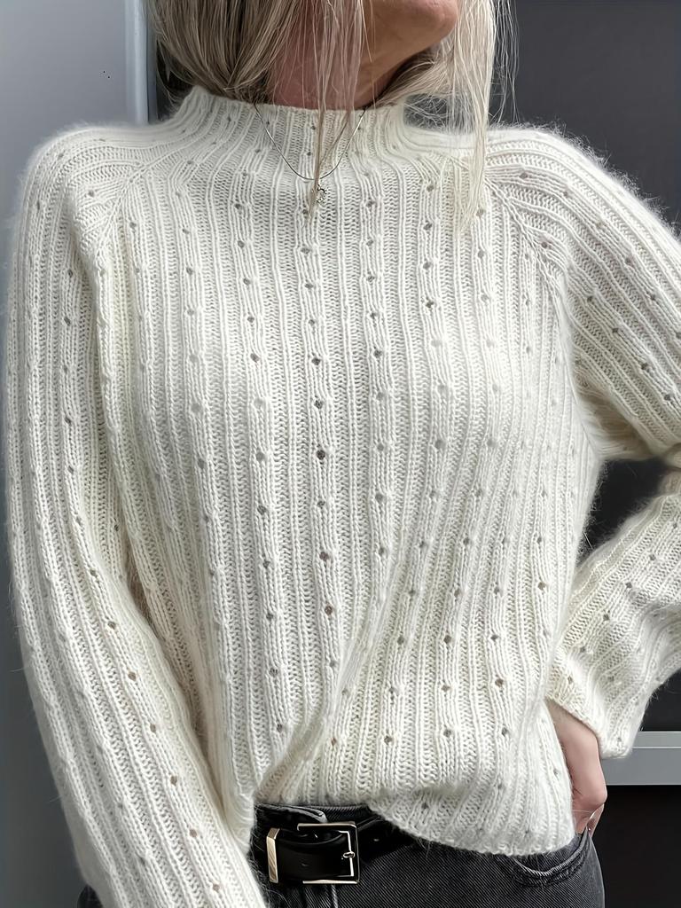 Women's Slim Fit Hollow Knit Long Sleeve Pullover Sweater with Half High Collar