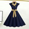 Elegant Ladies Dress Dot Printed Lapel Collar Bow On Waist Sweet Style