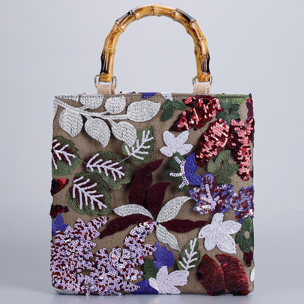 Women's Retro Tote Bag Vintage Pink Embroidery Sequin Bamboo Handle Handbag Elegant Fashion Bag Daily Commute Shopping Travel Bag