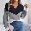 Women Casual Knit Pullover Sweater Autumn Winter Long Sleeve Polo Collar Contrast