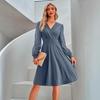 A-Line Women Solid Color V-Neck Jacquard Long Sleeve Dress Casual Spring High Waist Above Knee Summer Dresses S-XL
