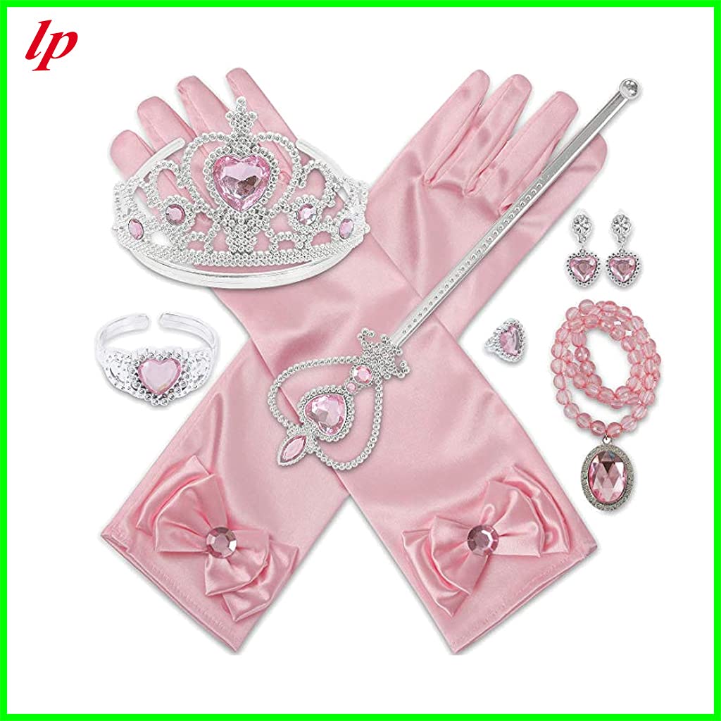 Frozen Elsa 6-Piece Costume Accessory Set (Heart Tiara, Magic Wand, Gloves, Necklace, Ring, and Earrings) (Pink)