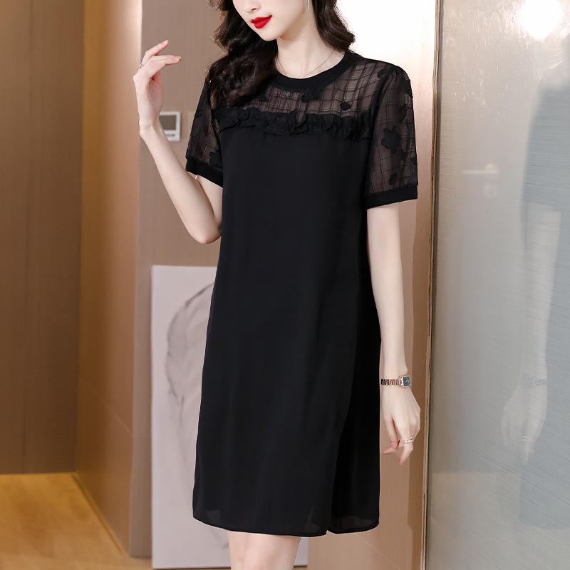 Women's Black Chiffon Summer Dress - Short Sleeves, Slimming, Plus Size, Loose Fit, 2026 New Style for Middle-Aged Mothers