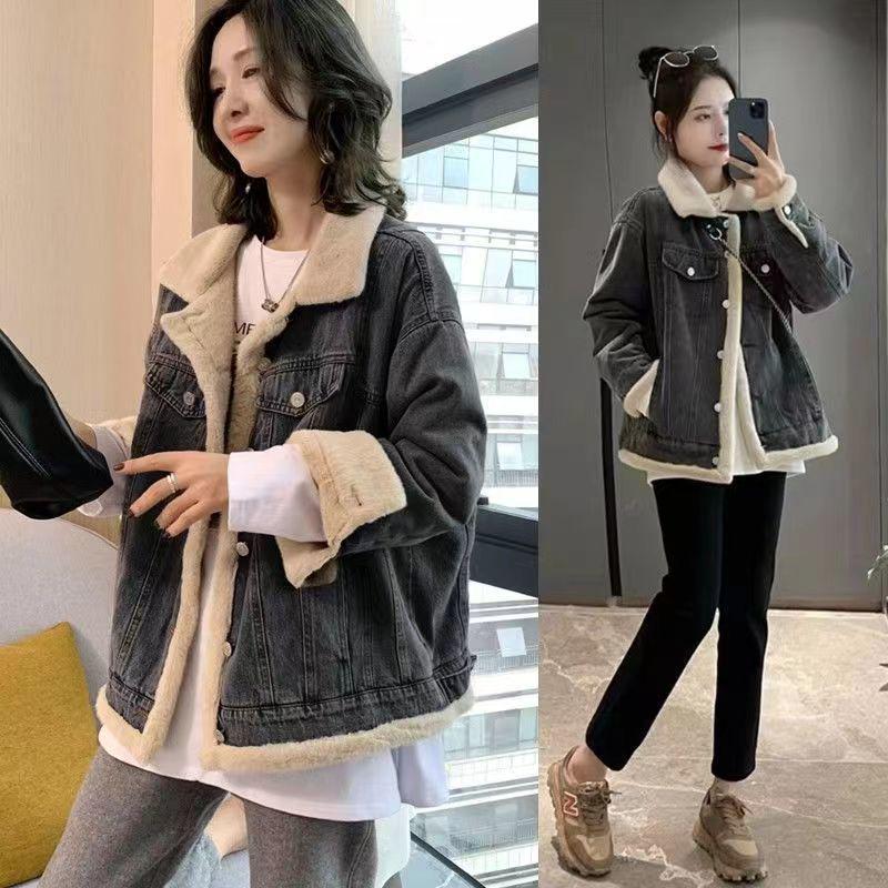 

Двусторонняя джинсовая куртка в европейском стиле для женщин - Осень/Зима, Свободный крой, Петит, Короткий стиль плюс теплота бархата XL (130-150 lbs)