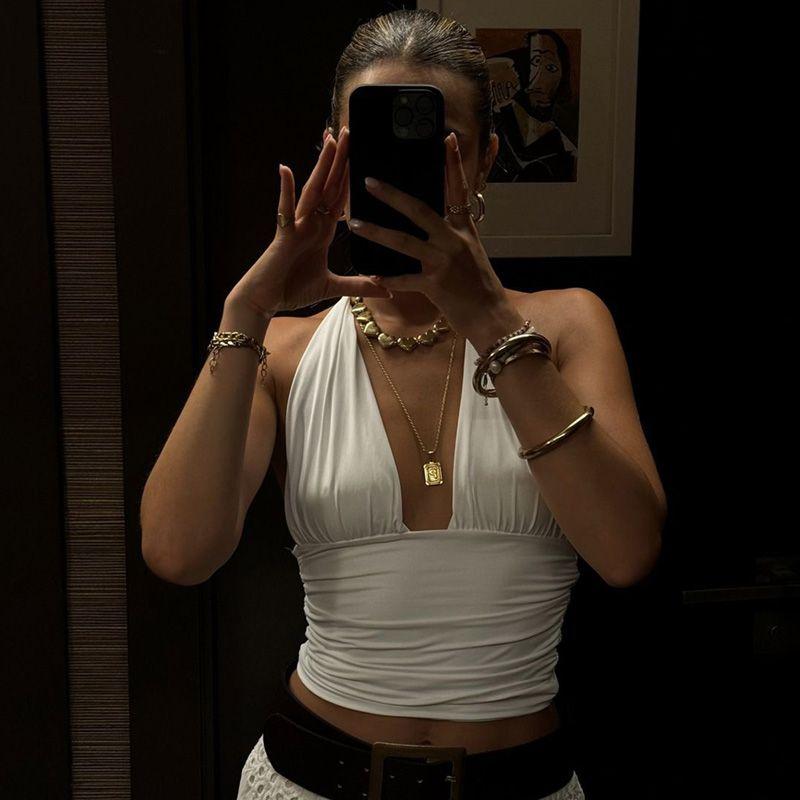 

Порывистый Уличный Стиль Мода Стильный Сексуальный Топ с Глубоким V-образным Вырезом на Халтере, на Бретелях-спагетти, Женский, Чистый Желанный Модный Нишевый Топ White S