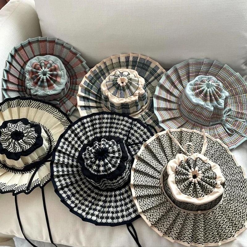 Y2K Parent-Child Summer Reversible Pleated Sun Hats for Women Casual Straw Hat Outdoor Beach Shade Straps Lady Gorras Para Mujer