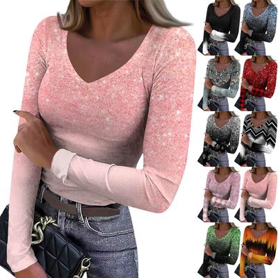 Women's Winter Slim-Fit Base Layer T-Shirt Fashionable Print V-Neck Pullover Long-Sleeved Top