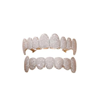 Joyería de Fiesta Hip Hop Grills Cubiertos de Circonita Cúbica 8 Superiores 7 Inferiores Dientes de Colmillo Grillz para Hombres Mujeres