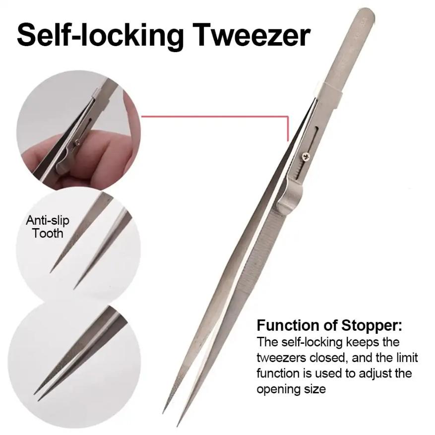 Adjustable Self Clamping Tweezers Jewelry Making Tool Slide Lock Stainless Steel Tweezers Electronic Component Repair Tools