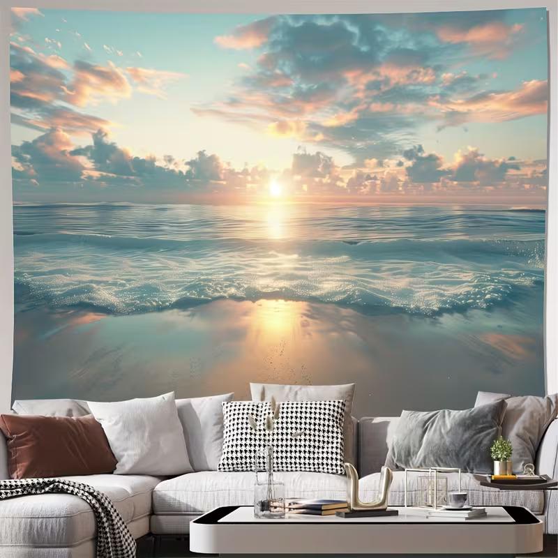 

2D Tropical Ocean Tapestry, Pastel Clouds & Reflecting Sun Wall Art for Home Decor 47.2x31.5inch/120*80cm